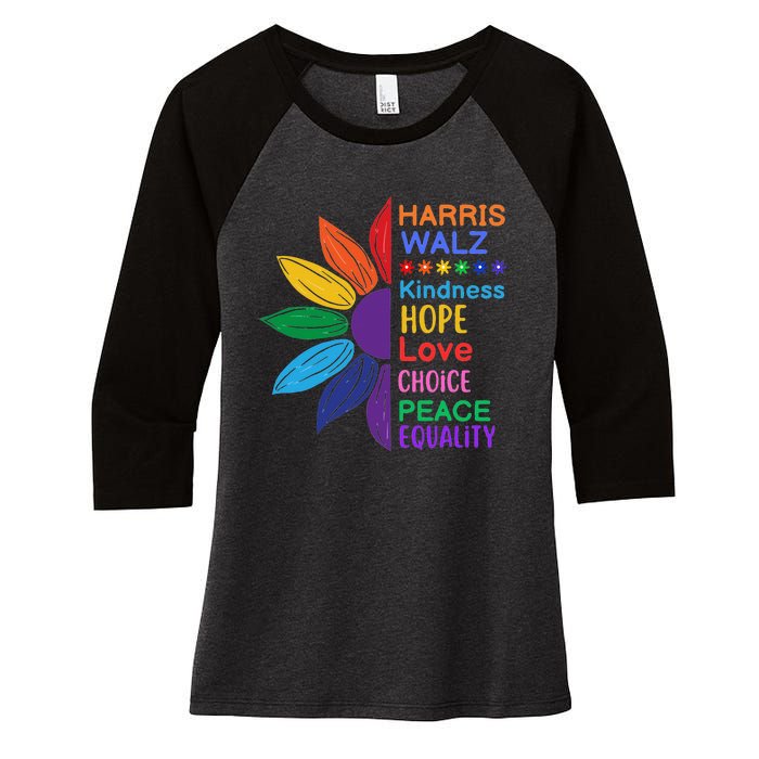 Harris Walz Diversity Rainbow Daisy Sunflower Vote Blue Women's Tri-Blend 3/4-Sleeve Raglan Shirt