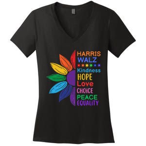 Harris Walz Diversity Rainbow Daisy Sunflower Vote Blue Women's V-Neck T-Shirt