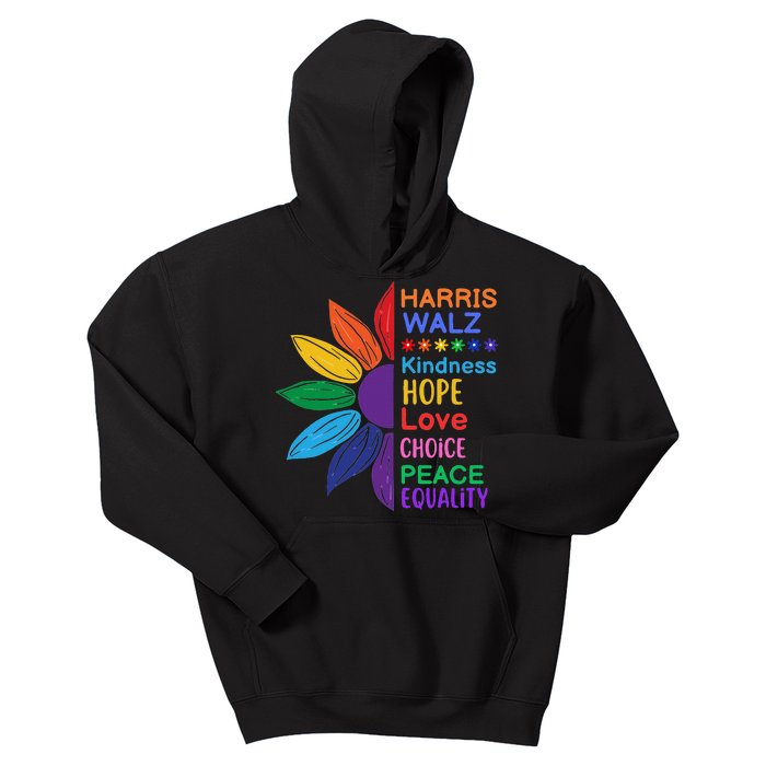 Harris Walz Diversity Rainbow Daisy Sunflower Vote Blue Kids Hoodie