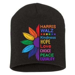 Harris Walz Diversity Rainbow Daisy Sunflower Vote Blue Short Acrylic Beanie