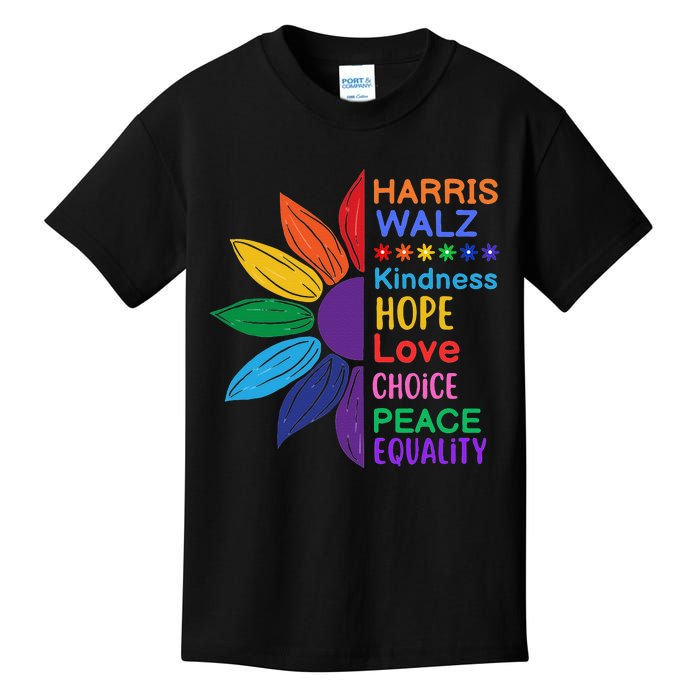 Harris Walz Diversity Rainbow Daisy Sunflower Vote Blue Kids T-Shirt