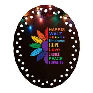 Harris Walz Diversity Rainbow Daisy Sunflower Vote Blue Ceramic Oval Ornament