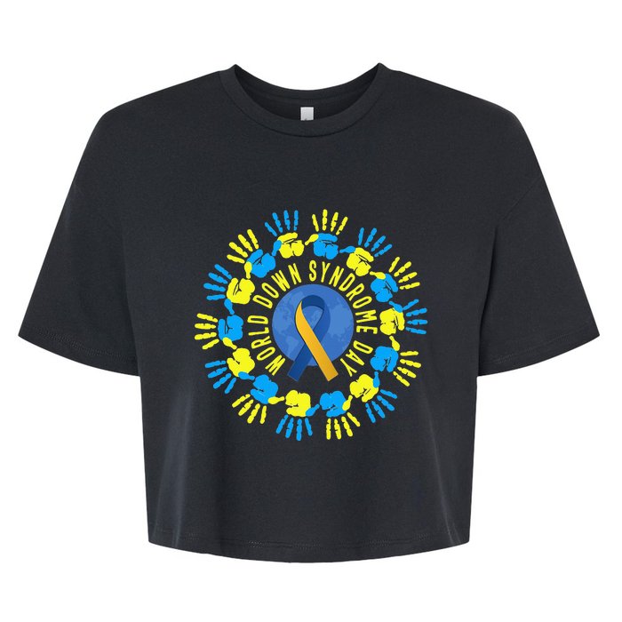 Hands World Down Syndrome Day Globe Ribbon Circle Hands Bella+Canvas Jersey Crop Tee