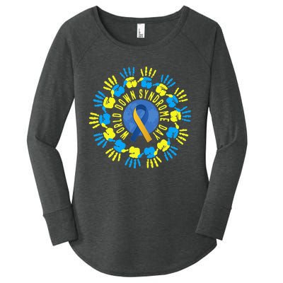 Hands World Down Syndrome Day Globe Ribbon Circle Hands Women's Perfect Tri Tunic Long Sleeve Shirt