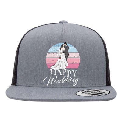 Happy Wedding Day Retro Engaged Couple Bride Groom Flat Bill Trucker Hat