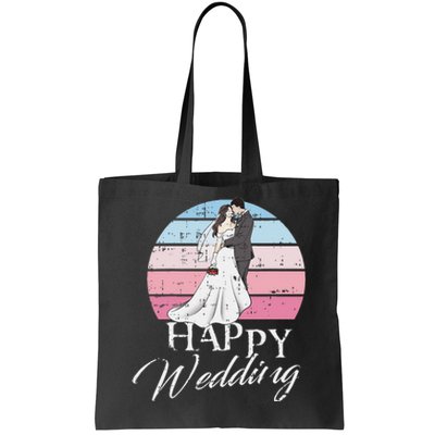 Happy Wedding Day Retro Engaged Couple Bride Groom Tote Bag