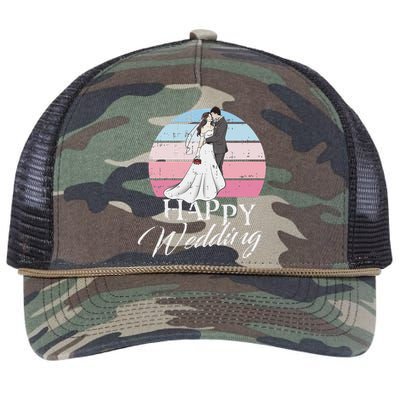 Happy Wedding Day Retro Engaged Couple Bride Groom Retro Rope Trucker Hat Cap