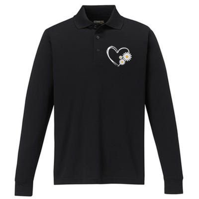 Heart With Daisy Flowers Daisies With Heart Outline Performance Long Sleeve Polo