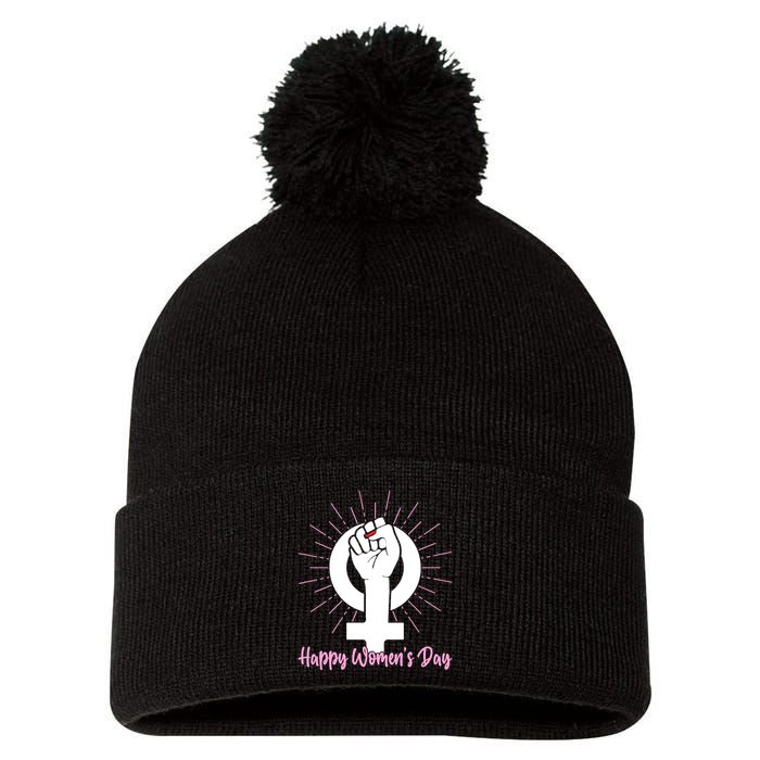 Happy Womens Day Pom Pom 12in Knit Beanie