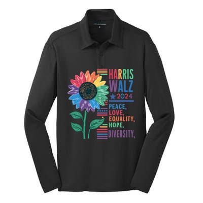 Harris Walz Election 2024 Peace Love Equality Hope Diversity Gift Silk Touch Performance Long Sleeve Polo