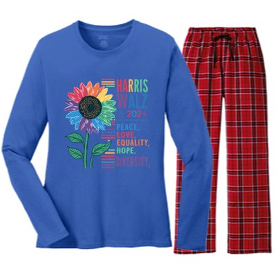 Harris Walz Election 2024 Peace Love Equality Hope Diversity Gift Women's Long Sleeve Flannel Pajama Set 