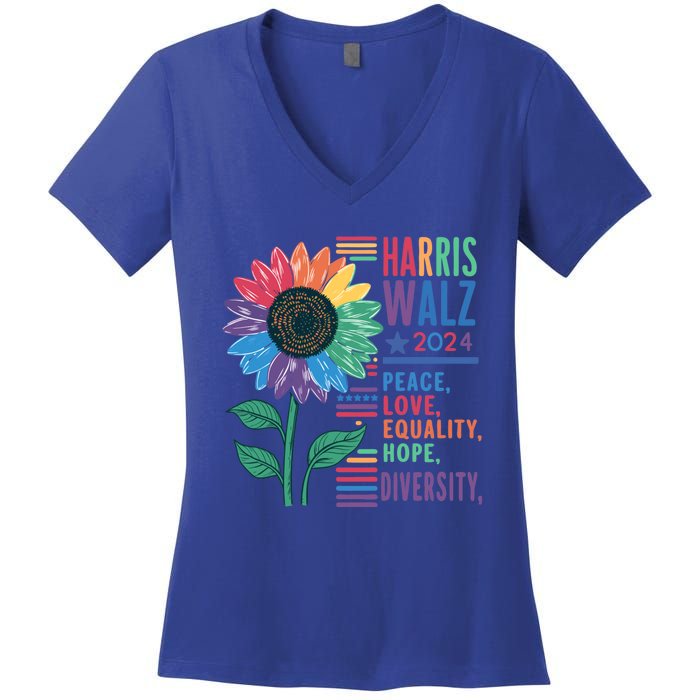 Harris Walz Election 2024 Peace Love Equality Hope Diversity Gift Women's V-Neck T-Shirt