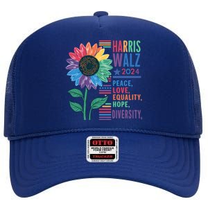 Harris Walz Election 2024 Peace Love Equality Hope Diversity Gift High Crown Mesh Back Trucker Hat