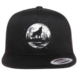 Howling Wolf For Funny Animal Wolf And Moon Flat Bill Trucker Hat