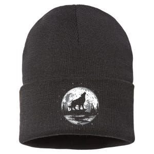 Howling Wolf For Funny Animal Wolf And Moon Sustainable Knit Beanie