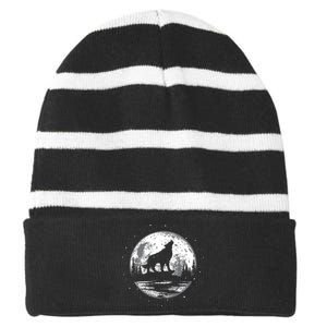 Howling Wolf For Funny Animal Wolf And Moon Striped Beanie with Solid Band