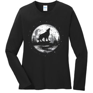 Howling Wolf For Funny Animal Wolf And Moon Ladies Long Sleeve Shirt