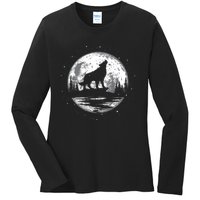 Howling Wolf For Funny Animal Wolf And Moon Ladies Long Sleeve Shirt