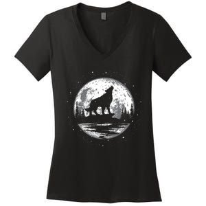 Howling Wolf For Funny Animal Wolf And Moon Women's V-Neck T-Shirt