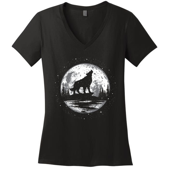 Howling Wolf For Funny Animal Wolf And Moon Women's V-Neck T-Shirt