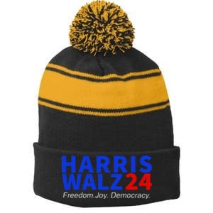 Harris Walz24 Freedom Joy Democracy Kamala Harris Waltz 2024 Gift Stripe Pom Pom Beanie