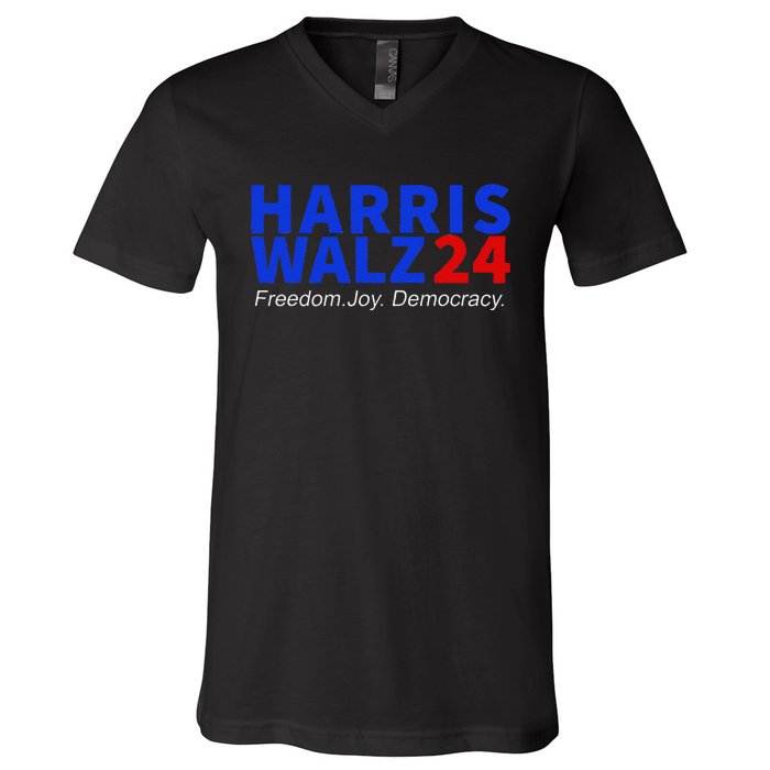 Harris Walz24 Freedom Joy Democracy Kamala Harris Waltz 2024 Gift V-Neck T-Shirt