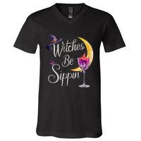 Halloween Wine Glass Witches Be Sippin Funny Drinking Wine V-Neck T-Shirt