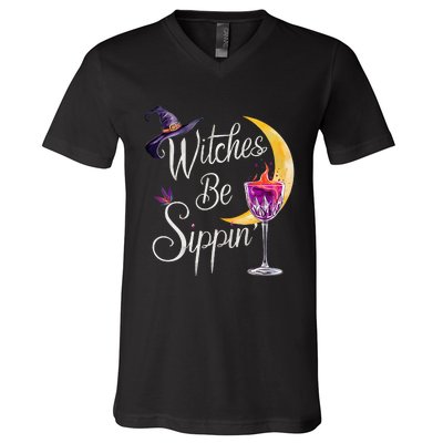 Halloween Wine Glass Witches Be Sippin Funny Drinking Wine V-Neck T-Shirt