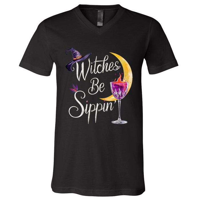 Halloween Wine Glass Witches Be Sippin Funny Drinking Wine V-Neck T-Shirt