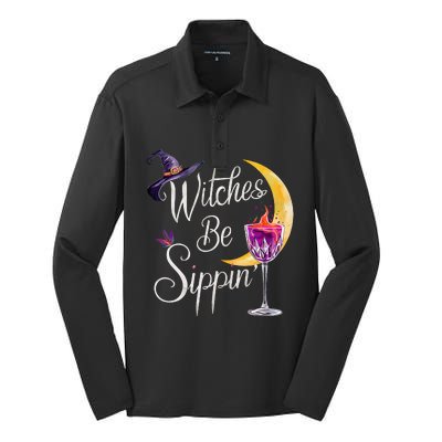 Halloween Wine Glass Witches Be Sippin Funny Drinking Wine Silk Touch Performance Long Sleeve Polo