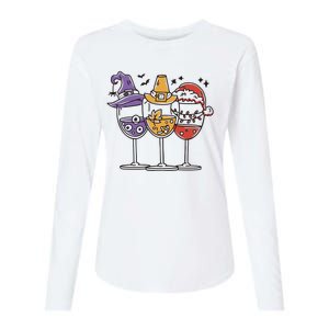 Holidays Wine Glasses Festive Womens Cotton Relaxed Long Sleeve T-Shirt