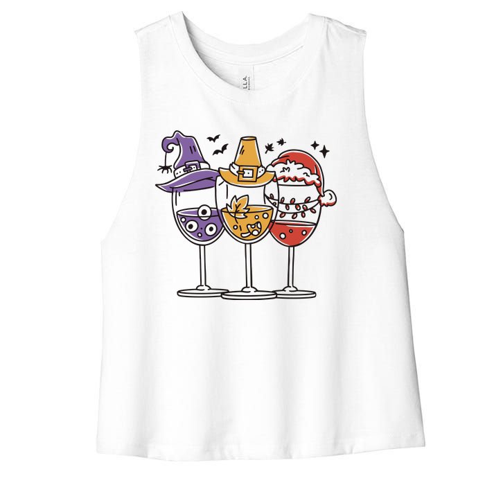 Holidays Wine Glasses Festive Women's Racerback Cropped Tank