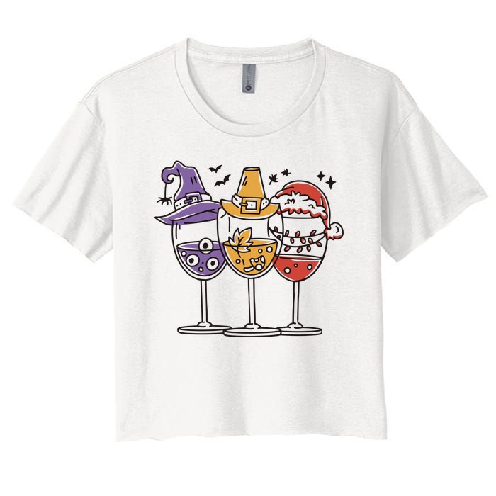 Holidays Wine Glasses Festive Women's Crop Top Tee