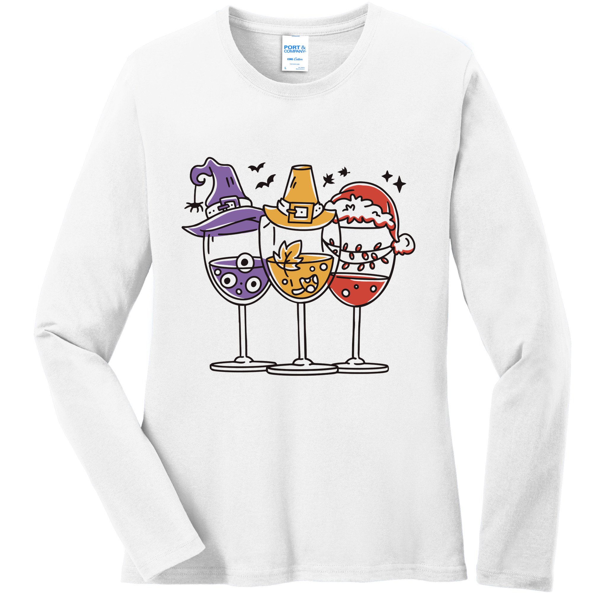 Holidays Wine Glasses Festive Ladies Long Sleeve Shirt