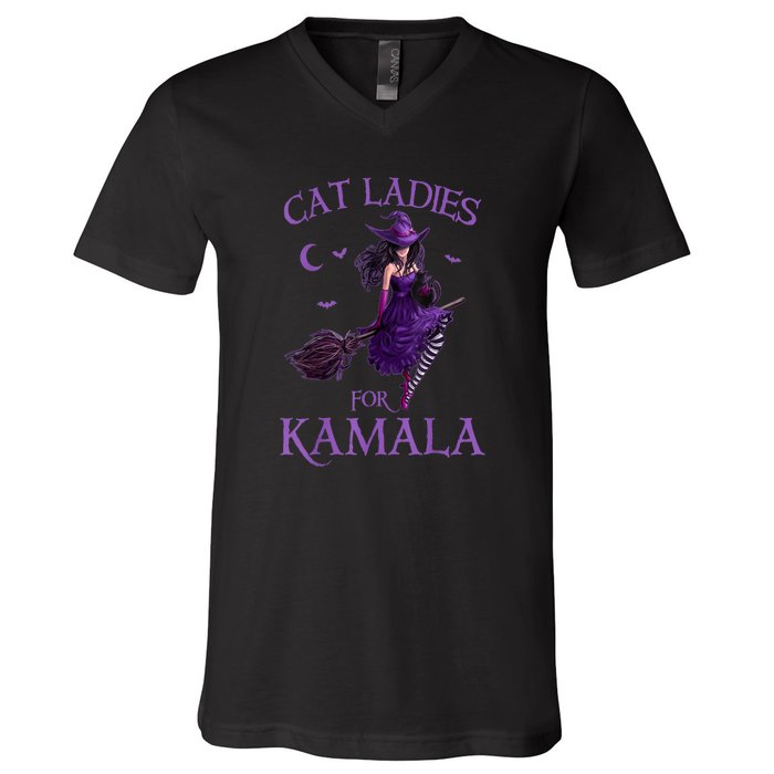 Halloween Witches Harris Cat Ladies For Kamala Harris 2024 Gift V-Neck T-Shirt