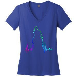 Howling Wolf Heartbeat Gift Spirit Animal Wolf Gift Women's V-Neck T-Shirt