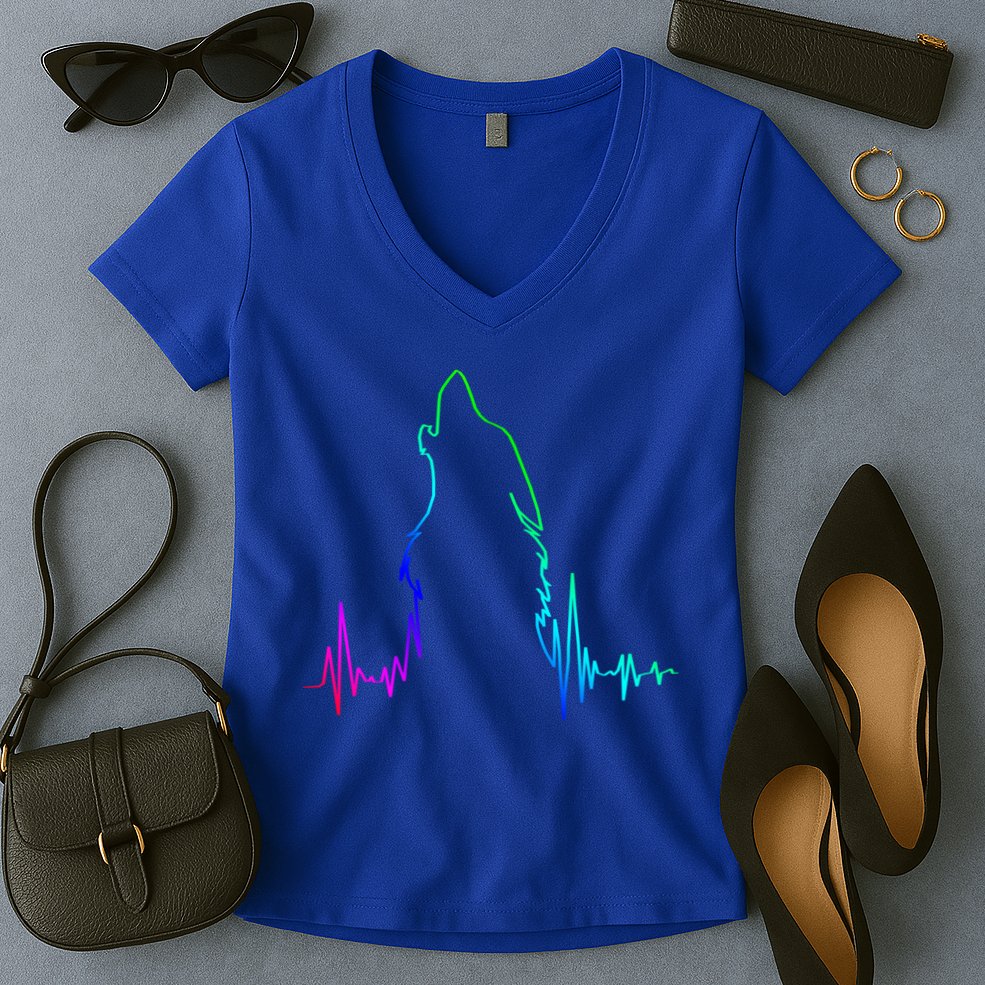 Howling Wolf Heartbeat Gift Spirit Animal Wolf Gift Women's V-Neck T-Shirt