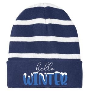 Hello Winter Holiday Season Striped Beanie with Solid Band