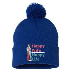 Happy Wife Happy Life Gift For Good Husbands Gift Pom Pom 12in Knit Beanie