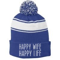 Happy Wife Happy Life Wedding Funny Husband Love Vintage Gift Stripe Pom Pom Beanie