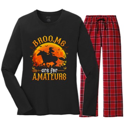 Horses Witch Halloween Funny Brooms Are For Amateurs Women's Long Sleeve Flannel Pajama Set 