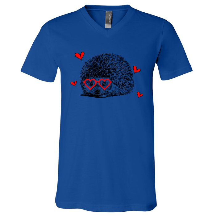 Hedgehog With Heart Glasses Valentines Day Hedgie Mom Cute Gift V-Neck T-Shirt