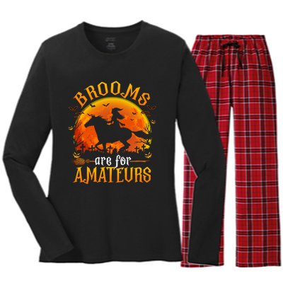 Horses Witch Halloween Funny Brooms Are For Amateurs Women's Long Sleeve Flannel Pajama Set 