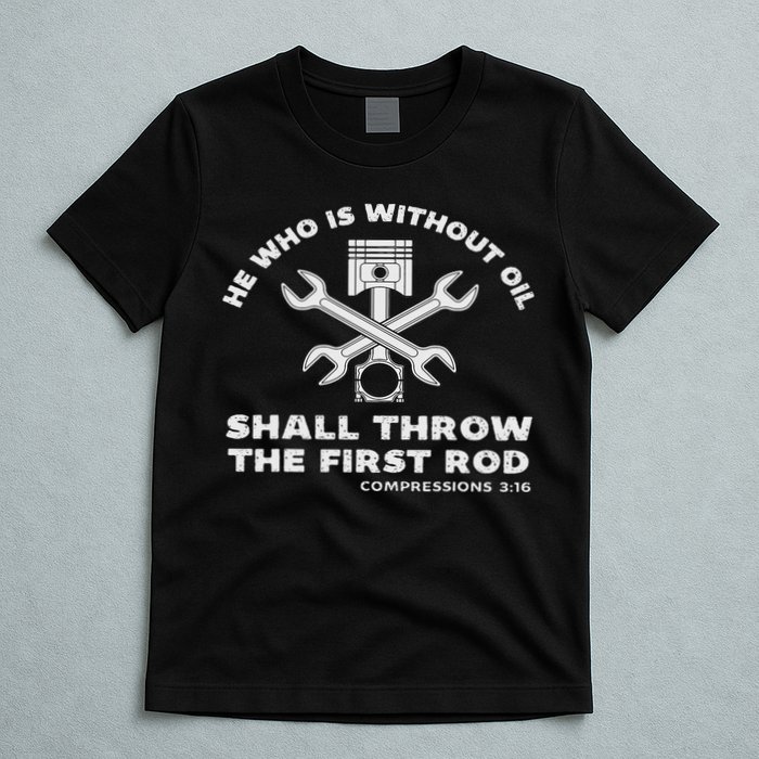 He Who Is Without Oil Shall Throw The First Rod Car Mechanic T-Shirt