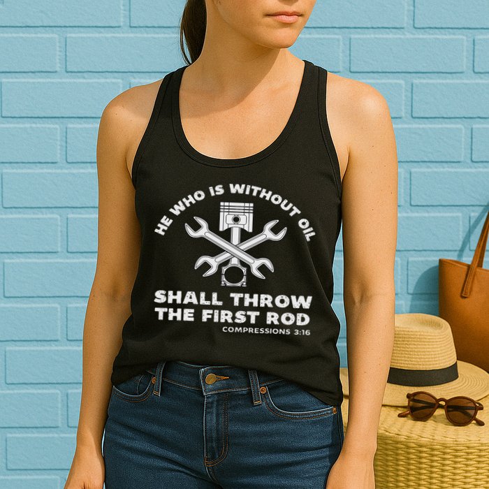 He Who Is Without Oil Shall Throw The First Rod Car Mechanic Womens Tank Top