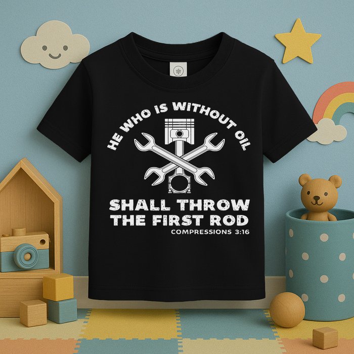 He Who Is Without Oil Shall Throw The First Rod Car Mechanic Toddler T-Shirt