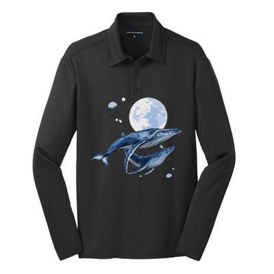 Humpback Whale In Space Funny Beluga Orca Blue Whale Silk Touch Performance Long Sleeve Polo