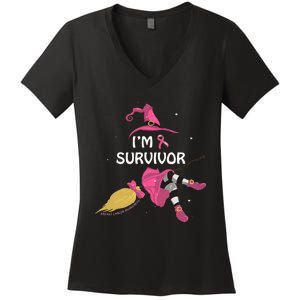 Halloween Witch I’M A Survivor Breast Cancer Ribbon Women's V-Neck T-Shirt