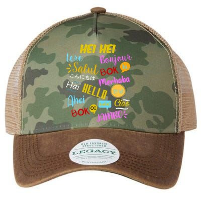 Hello Word In Different Languages Travel And Teacher Legacy Tie Dye Trucker Hat