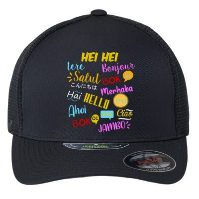 Hello Word In Different Languages Travel And Teacher Flexfit Unipanel Trucker Cap